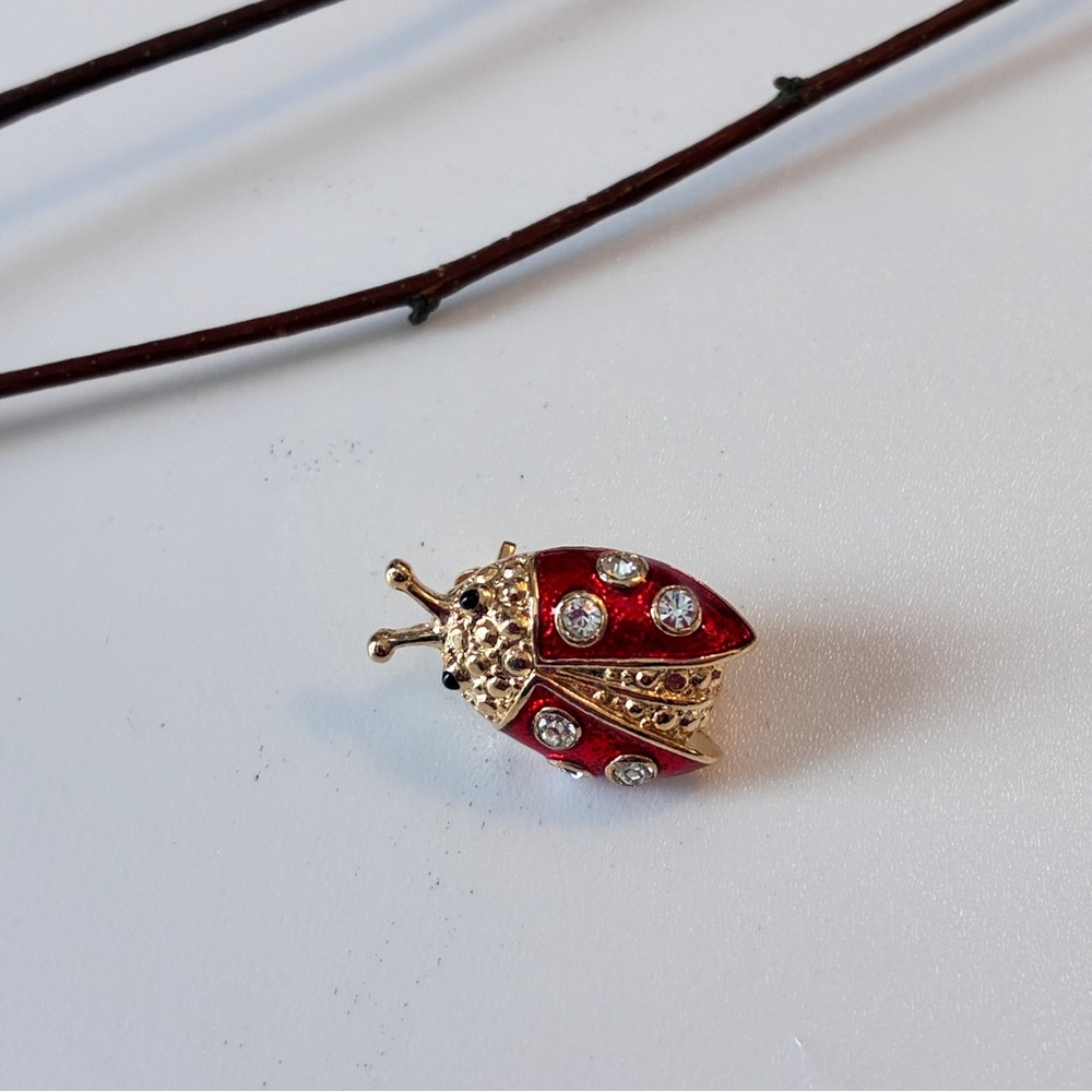 Goldtone Red Enamel & Rhinestone Ladybug Brooch Pin Vintage